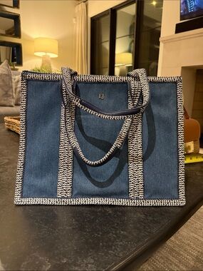 Eric Javits Denim Canvas Tote Bag with Braided Trim